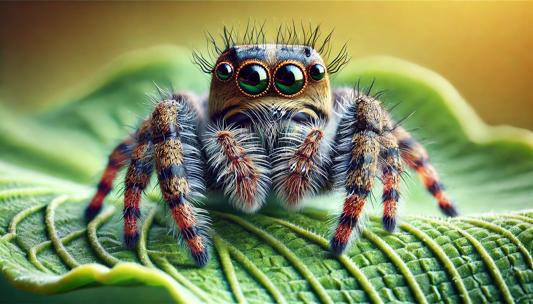 Male jumping spider with colourful eyes on a green leaf in natural condition.