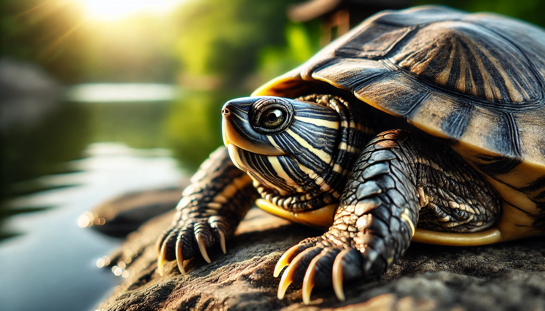 Rock be gauged turtle are reptiles with rough and easily identified shell and scaly skin near the water line.