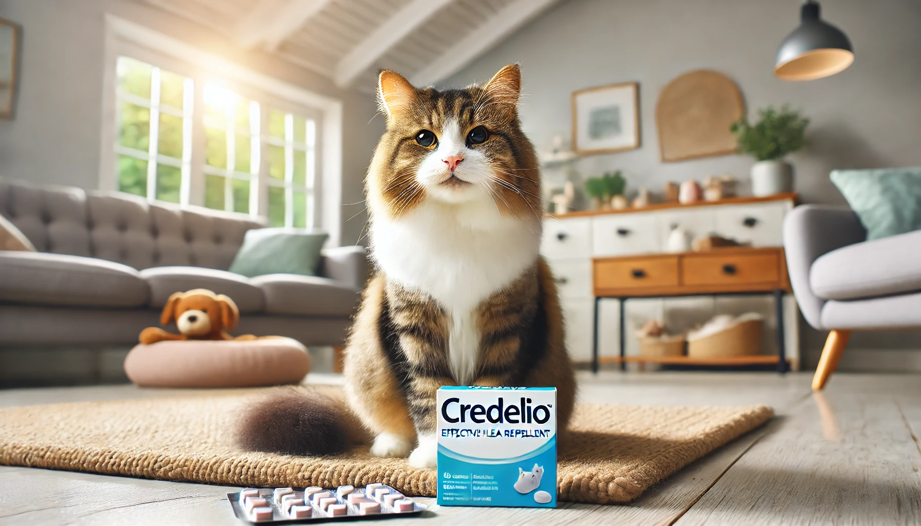 A happy cat with the Credelio tablet as a sign of a good flea repellent.