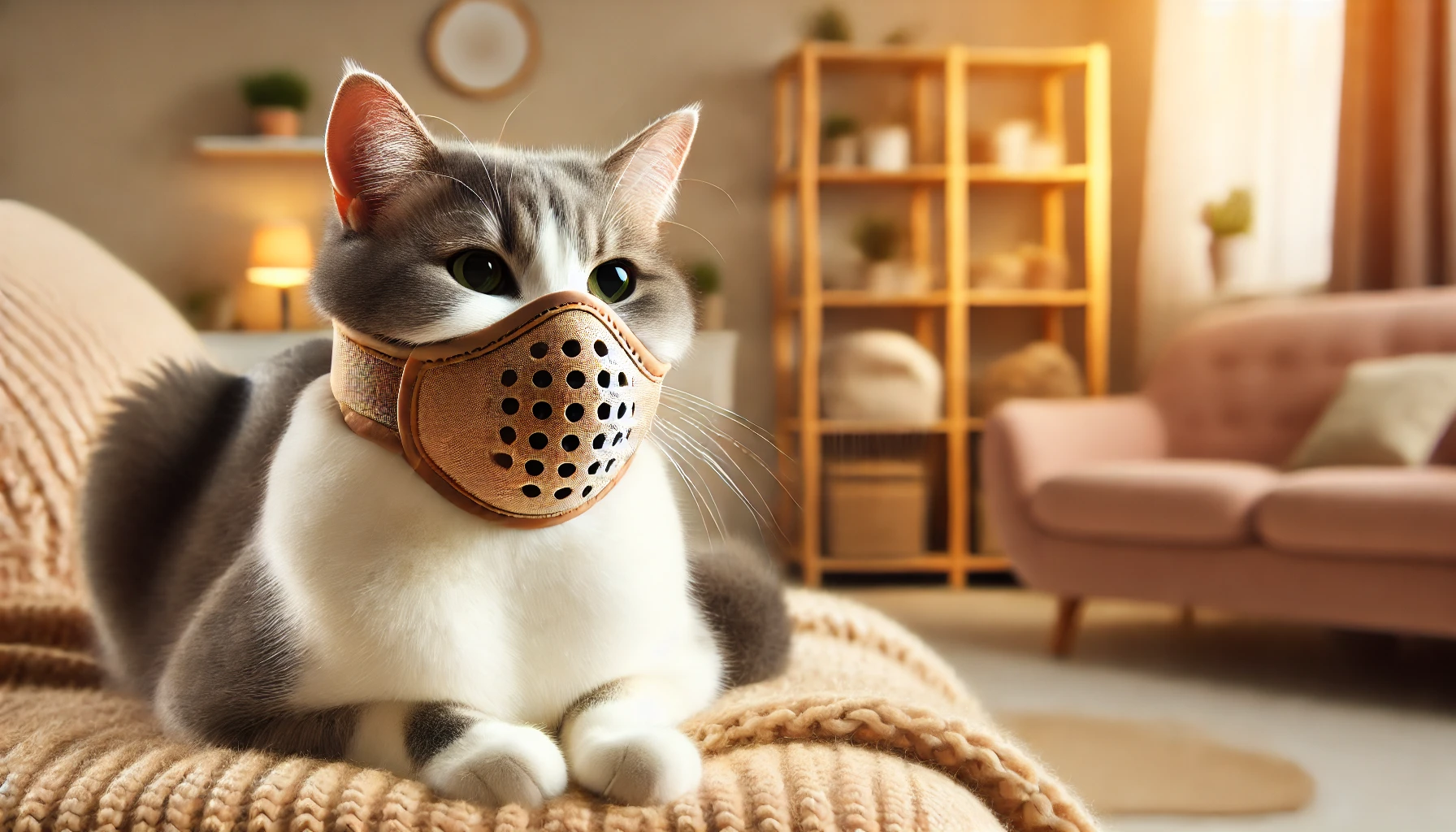 A relaxed cat with a safe and comfortable grooming muzzle.