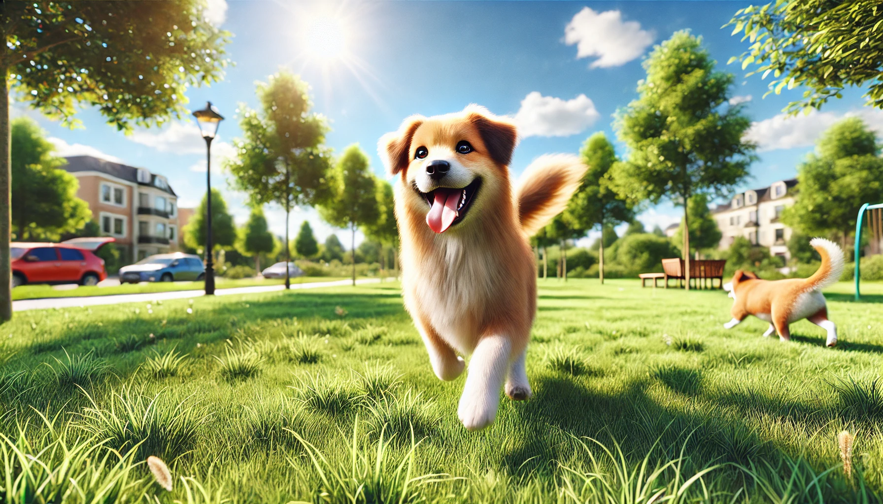 Joyful pet in a park surrounded by a sun.