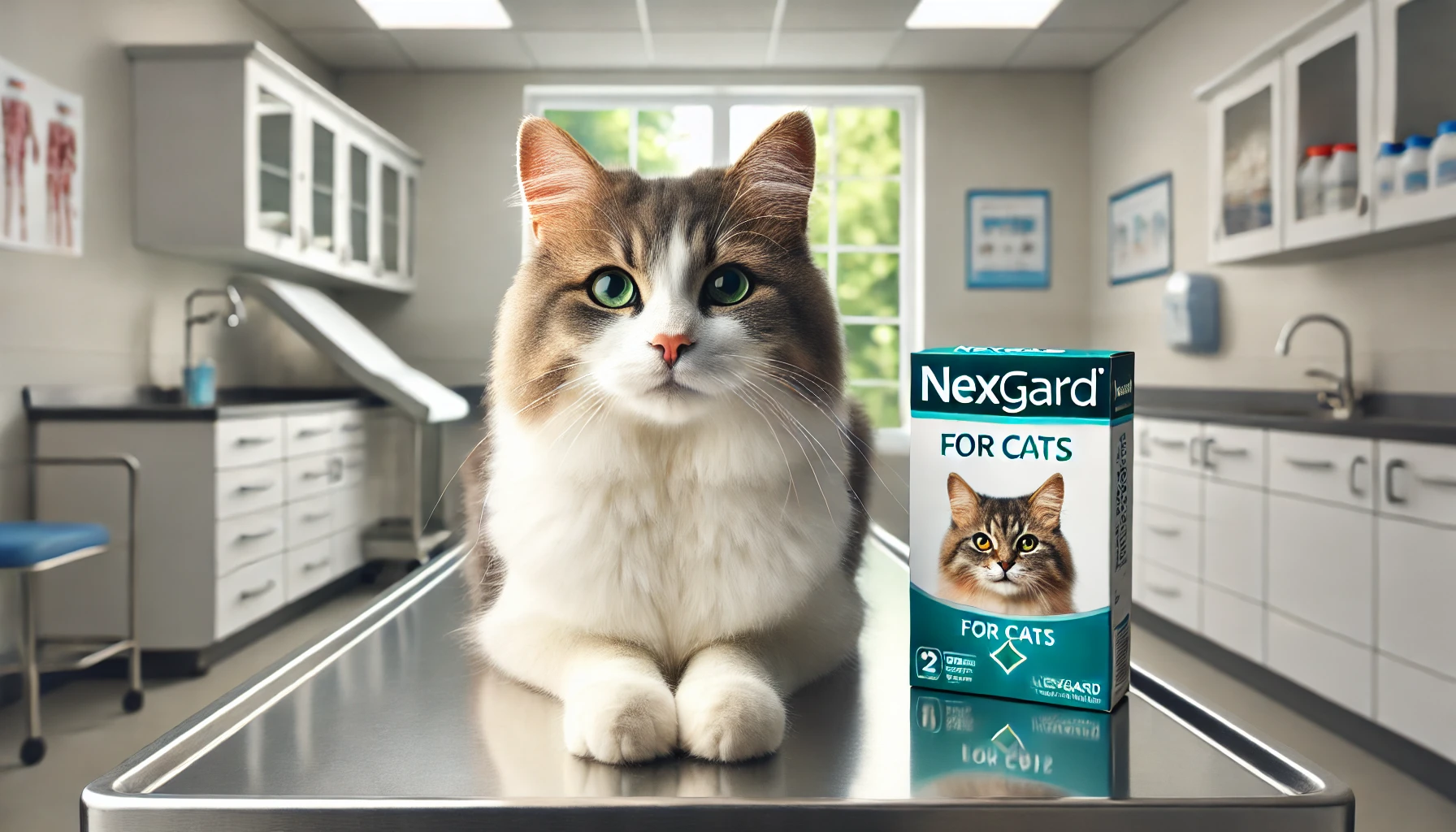 Studying healthy cat lying next to a Nexgard for cats box on the vet table