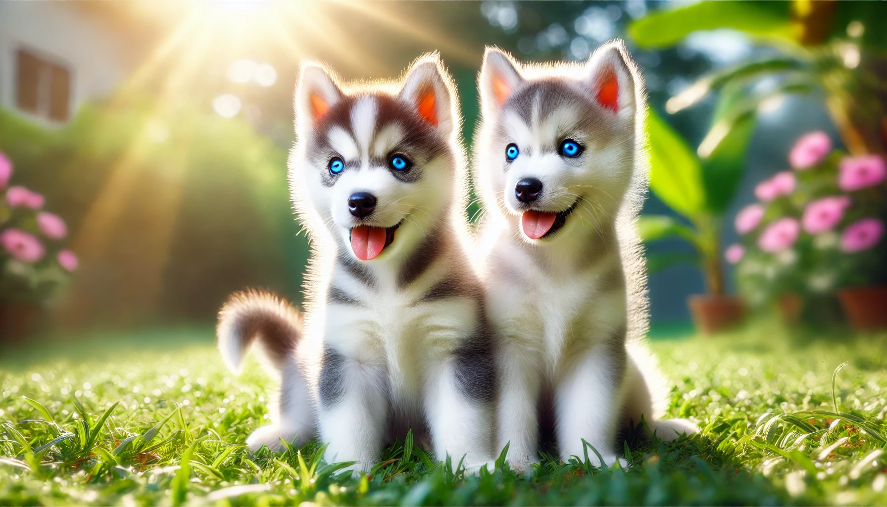 A beautiful husky Siberian with blue eyes by a green grass; it depicts how excited and beautiful huskies are with their coat.