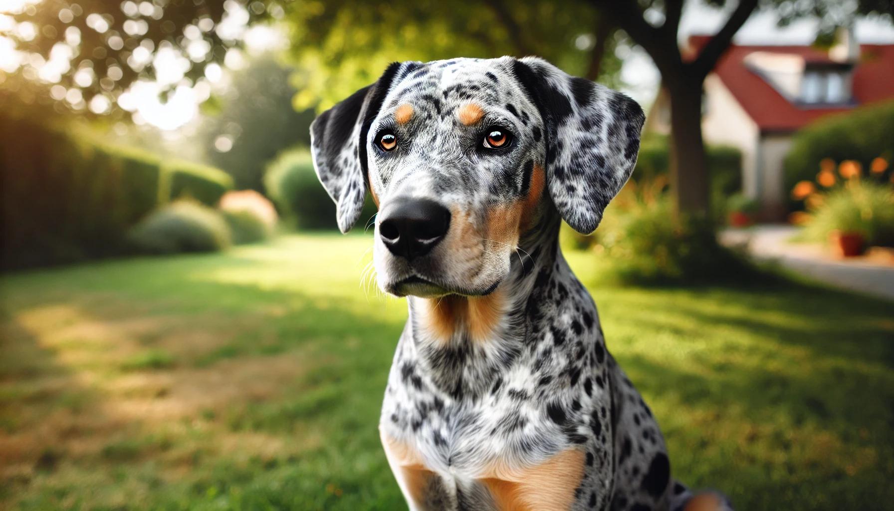 The Catahoula Leopard Dog on the grass with pointed spots.