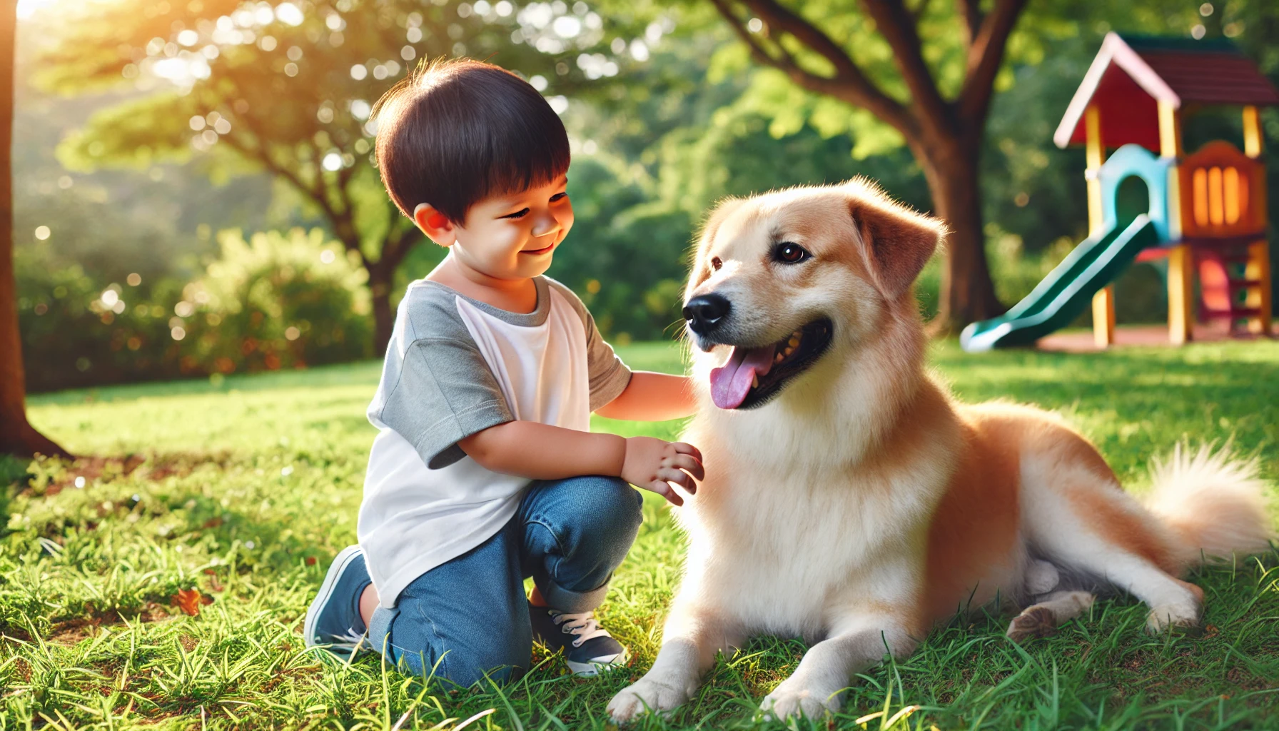 A kid playing with a dog with another person nearby in a park.