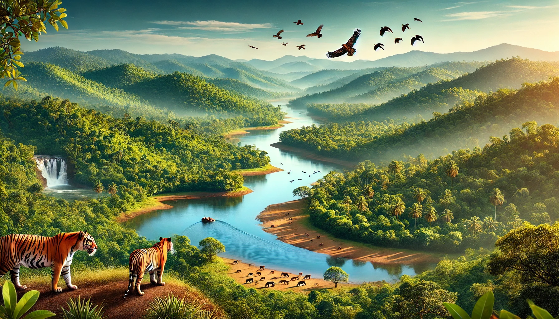 Animated background of Parambikulam Tiger Reserve encompassing forest, river and a tiger roaming around in the sanctuary.