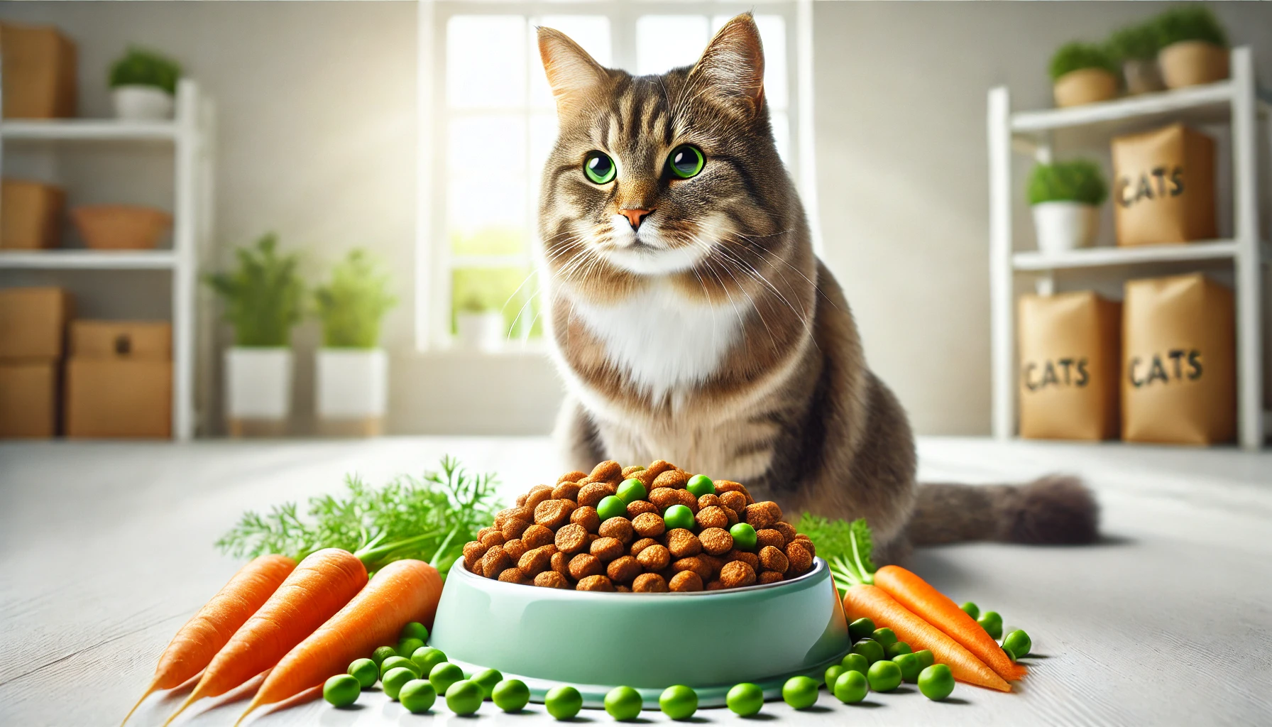 Smalls cat food on a bowl with vegetables with a bowl of Smalls cat food happy cat on the floor.