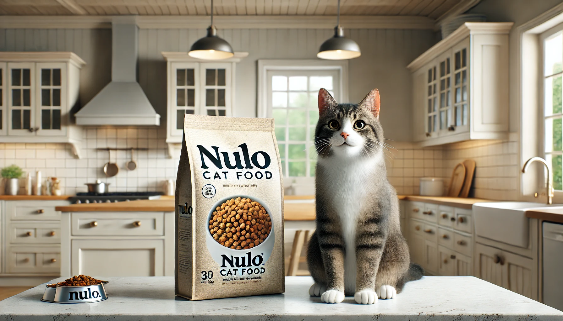 “Nulo cat food in a kitchen counter with a happy cat sitting beside the bag in a modern kitchen.”